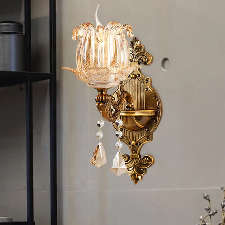 Traditional Brass Crystal Flower Wall Sconce For Hallway Half-Light And Antiqued Finish 1 /