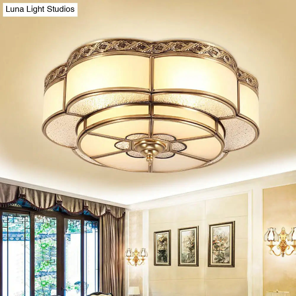 Traditional Brass Finish Ceiling Mount Lamp With Frost Glass - Flower Corridor Flush Light Fixture