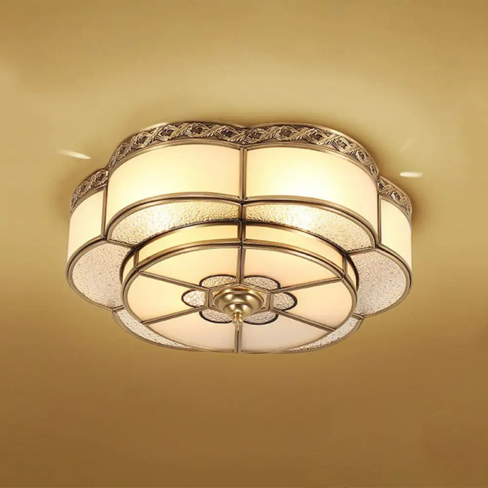 Traditional Brass Finish Ceiling Mount Lamp With Frost Glass - Flower Corridor Flush Light Fixture