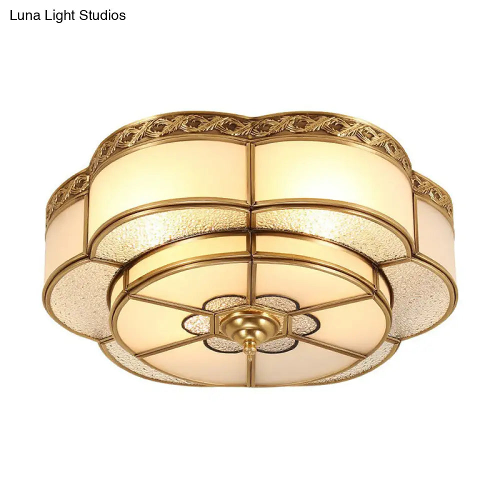 Traditional Brass Finish Ceiling Mount Lamp With Frost Glass - Flower Corridor Flush Light Fixture