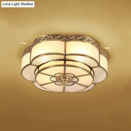 Traditional Brass Finish Ceiling Mount Lamp With Frost Glass - Flower Corridor Flush Light Fixture 3