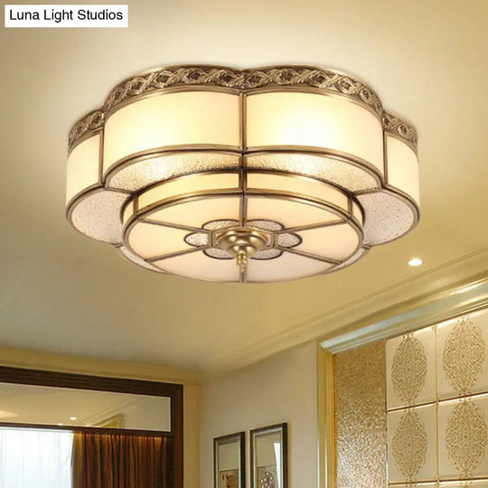 Traditional Brass Finish Ceiling Mount Lamp With Frost Glass - Flower Corridor Flush Light Fixture