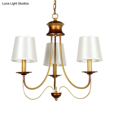 Traditional Brass Finish Chandelier With White Fabric Lamp Shade - 3/5/6 Lights