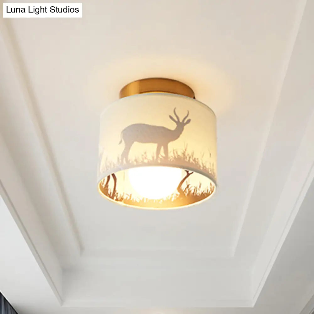 Traditional Brass Finish Semi Flush Mount Light With Elk/Leaf Pattern And Drum Shade