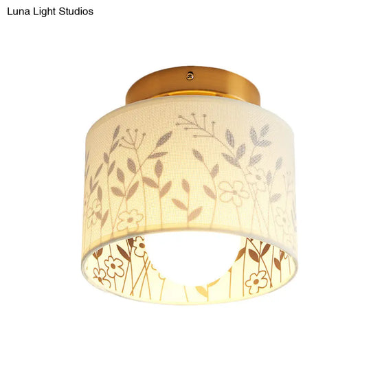 Traditional Brass Finish Semi Flush Mount Light With Elk/Leaf Pattern And Drum Shade