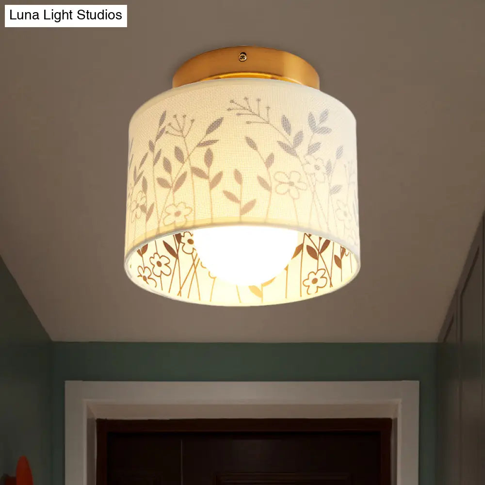 Traditional Brass Finish Semi Flush Mount Light With Elk/Leaf Pattern And Drum Shade