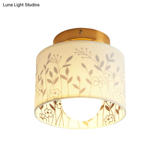 Traditional Brass Finish Semi Flush Mount Light With Elk/Leaf Pattern And Drum Shade