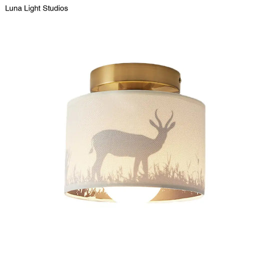 Traditional Brass Finish Semi Flush Mount Light With Elk/Leaf Pattern And Drum Shade