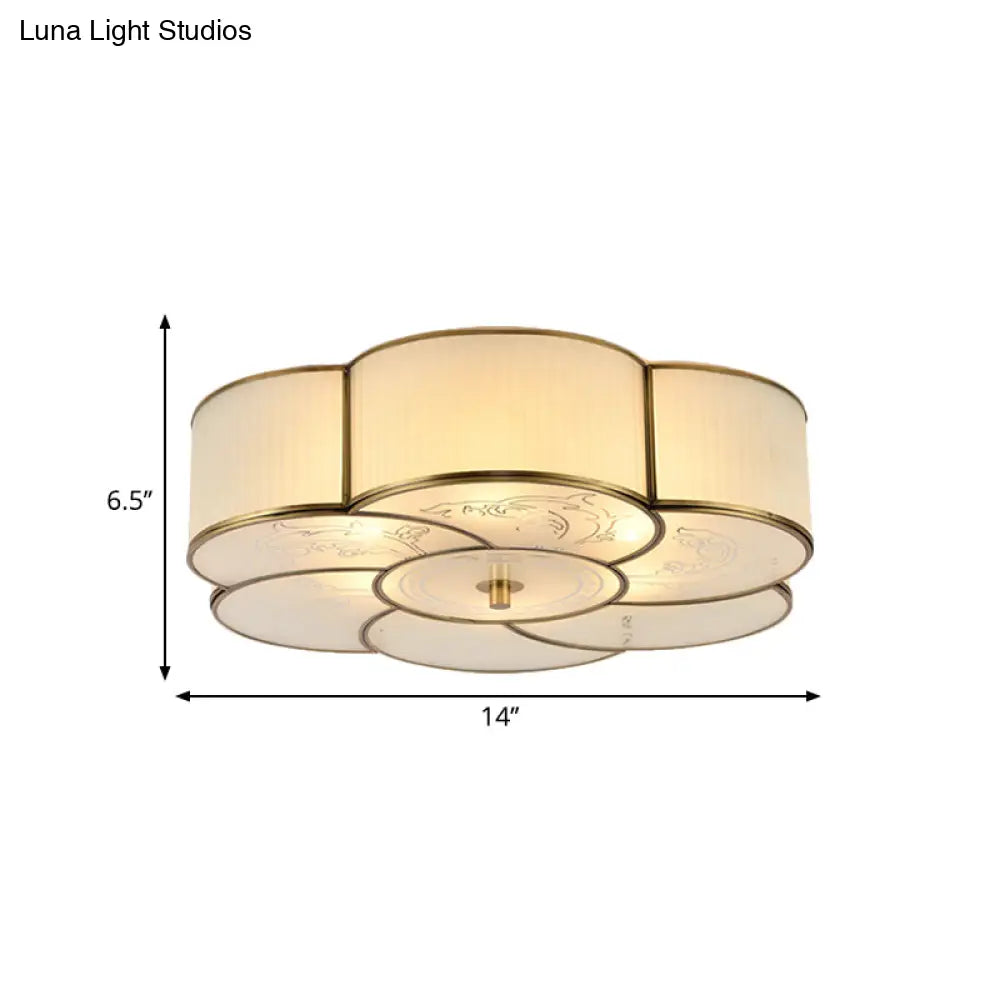 Traditional Brass Floral Flush Mount Lamp For Bedroom With Frosted Glass