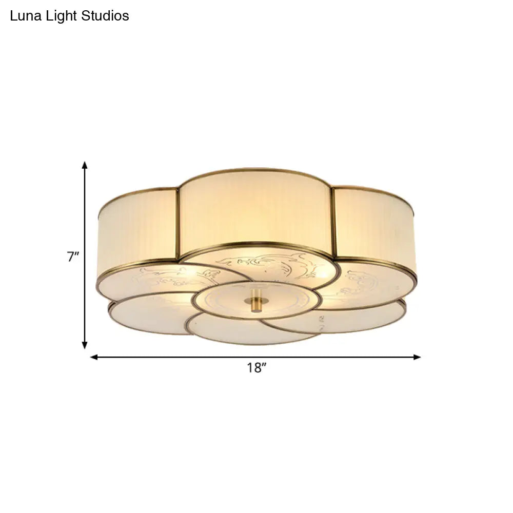Traditional Brass Floral Flush Mount Lamp For Bedroom With Frosted Glass