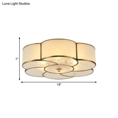 Traditional Brass Floral Flush Mount Lamp For Bedroom With Frosted Glass