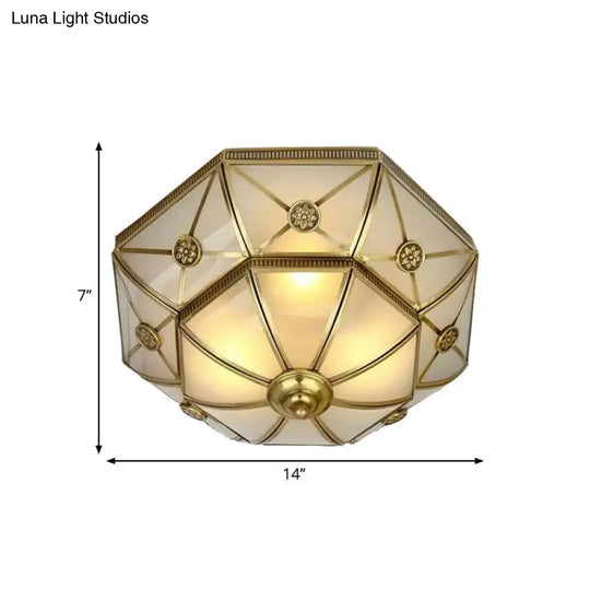 Traditional Brass Flush Mount Ceiling Light Fixture With Frosted Glass Flower Design For Bedroom