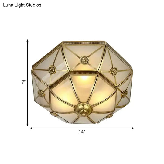 Traditional Brass Flush Mount Ceiling Light Fixture With Frosted Glass Flower Design For Bedroom