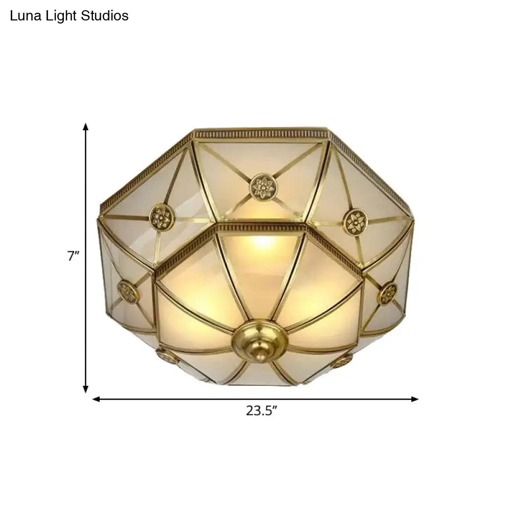 Traditional Brass Flush Mount Ceiling Light Fixture With Frosted Glass Flower Design For Bedroom