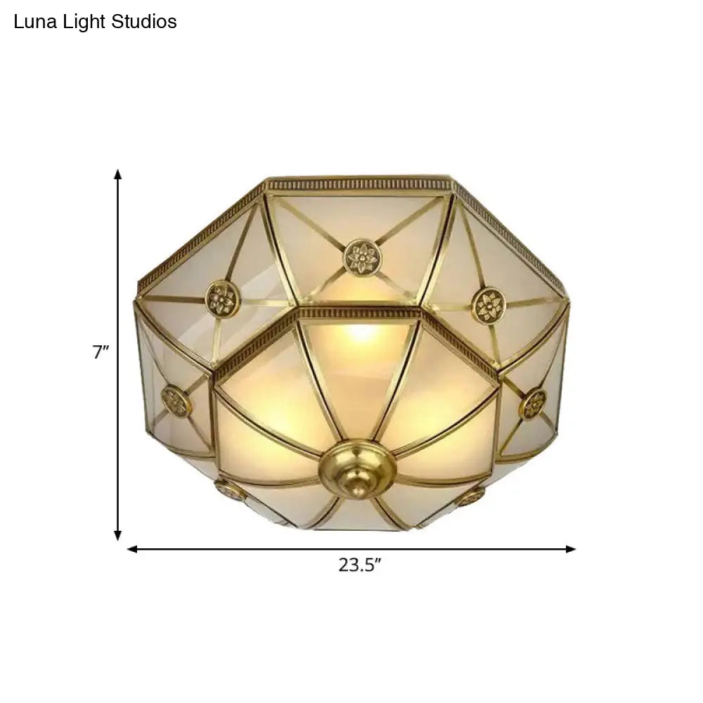 Traditional Brass Flush Mount Ceiling Light Fixture With Frosted Glass Flower Design For Bedroom