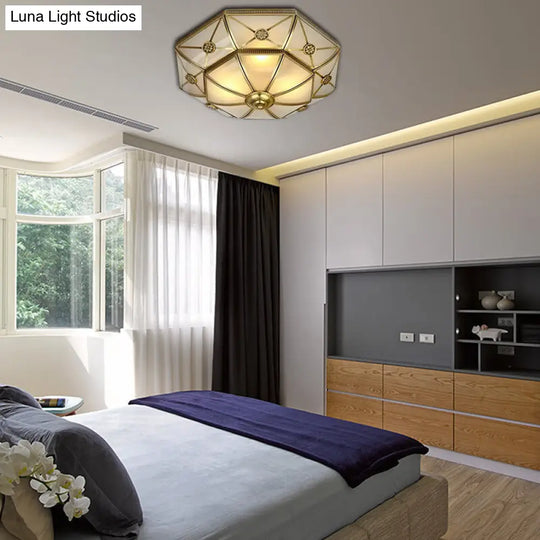 Traditional Brass Flush Mount Ceiling Light Fixture With Frosted Glass Flower Design For Bedroom