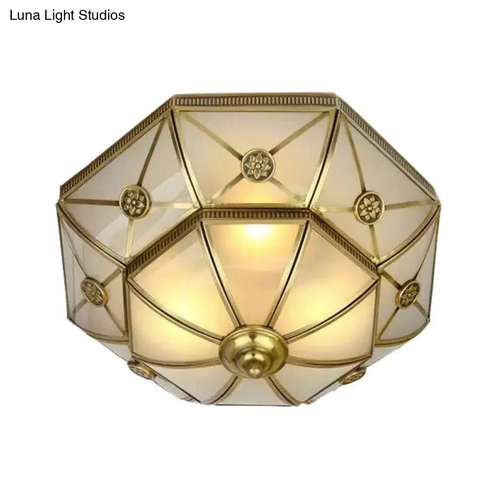 Traditional Brass Flush Mount Ceiling Light Fixture With Frosted Glass Flower Design For Bedroom