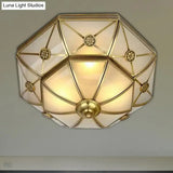 Traditional Brass Flush Mount Ceiling Light Fixture With Frosted Glass Flower Design For Bedroom