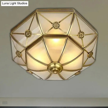 Traditional Brass Flush Mount Ceiling Light Fixture With Frosted Glass Flower Design For Bedroom