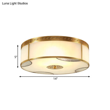 Traditional Brass Flush Mount Drum Ceiling Light With Frosted Glass - 14’/18’ Wide 3/4 - Light