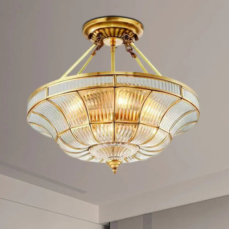 Traditional Brass Semi Flush Light With Clear Ribbed Glass Shade - 16/19.5 Wide 3/6 Lights Bedroom