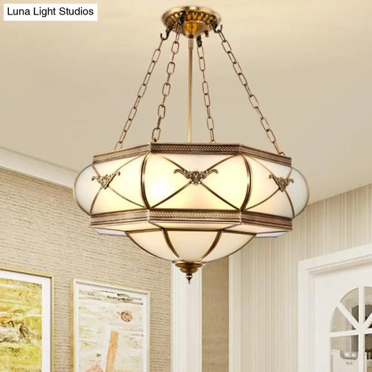 Traditional Brass 4-Headed Flush Mount Lamp With Opal Glass Drum Shade