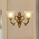 Traditional Bronze 2-Bulb Wall Sconce With Curved Arm And Bell White Glass Shade
