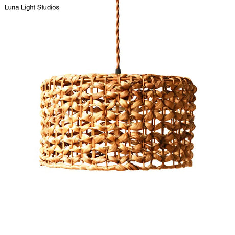 Traditional Brown Rattan Drum Pendant Light | Single Bulb Hanging Lamp for Dining Room Brown