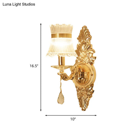 Traditional Clear Ribbed Glass Wall Sconce Light With Gold Carved Arm - Flower/Sector Design