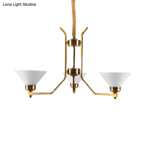 Traditional Cone Chandelier: White Glass Pendant Lighting With 3/6 Gold Lights For Living Room
