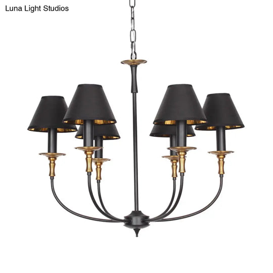 Classic Cone Shape Chandelier - Fabric Pendant In Black/Chrome With Swooping Arm 3/4/6 Head Options