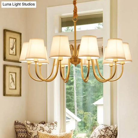 Traditional Conical Living Room Chandelier With Gold Swoop Arm - Fabric 5/6/8-Light Hanging Lamp