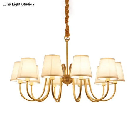 Traditional Conical Living Room Chandelier With Gold Swoop Arm - Fabric 5/6/8-Light Hanging Lamp