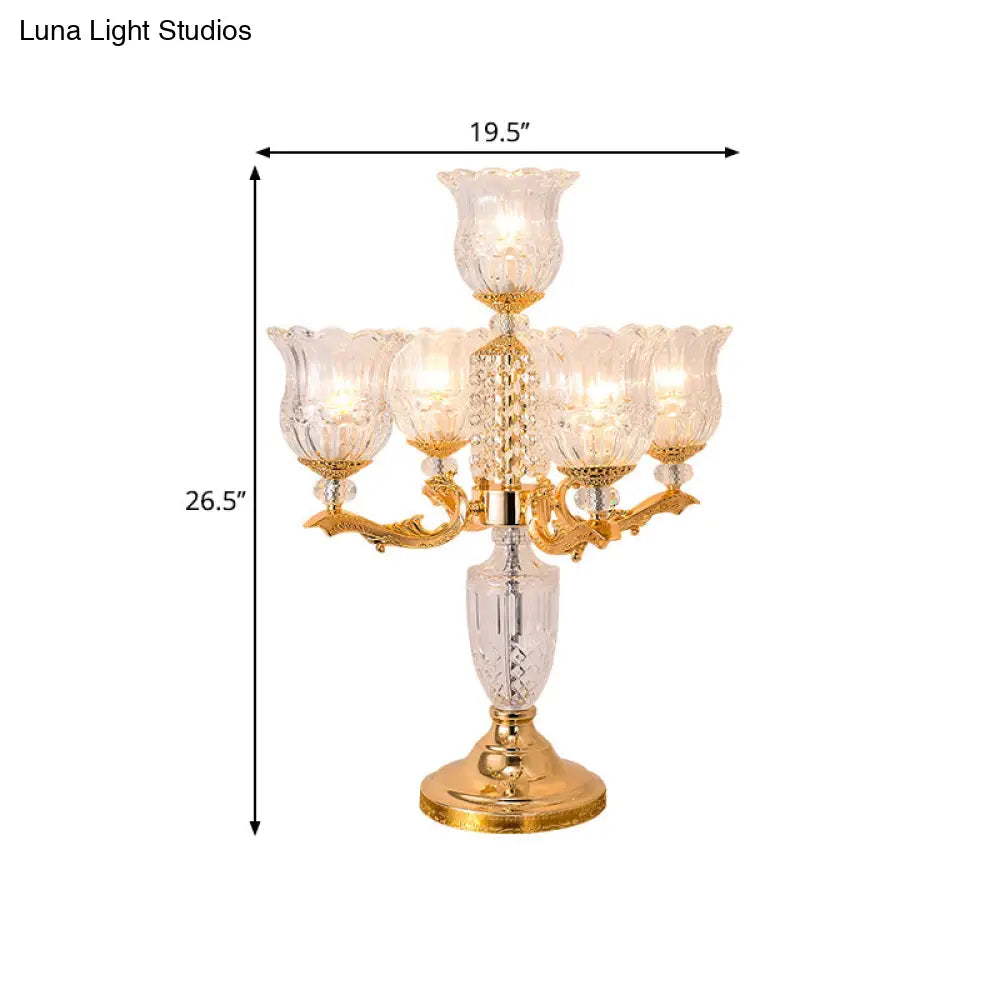 Traditional Crystal Beads Gold Candelabra Nightstand Lamp With Clear Flower Shade - 5 Heads Bedroom