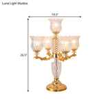Traditional Crystal Beads Gold Candelabra Nightstand Lamp With Clear Flower Shade - 5 Heads Bedroom