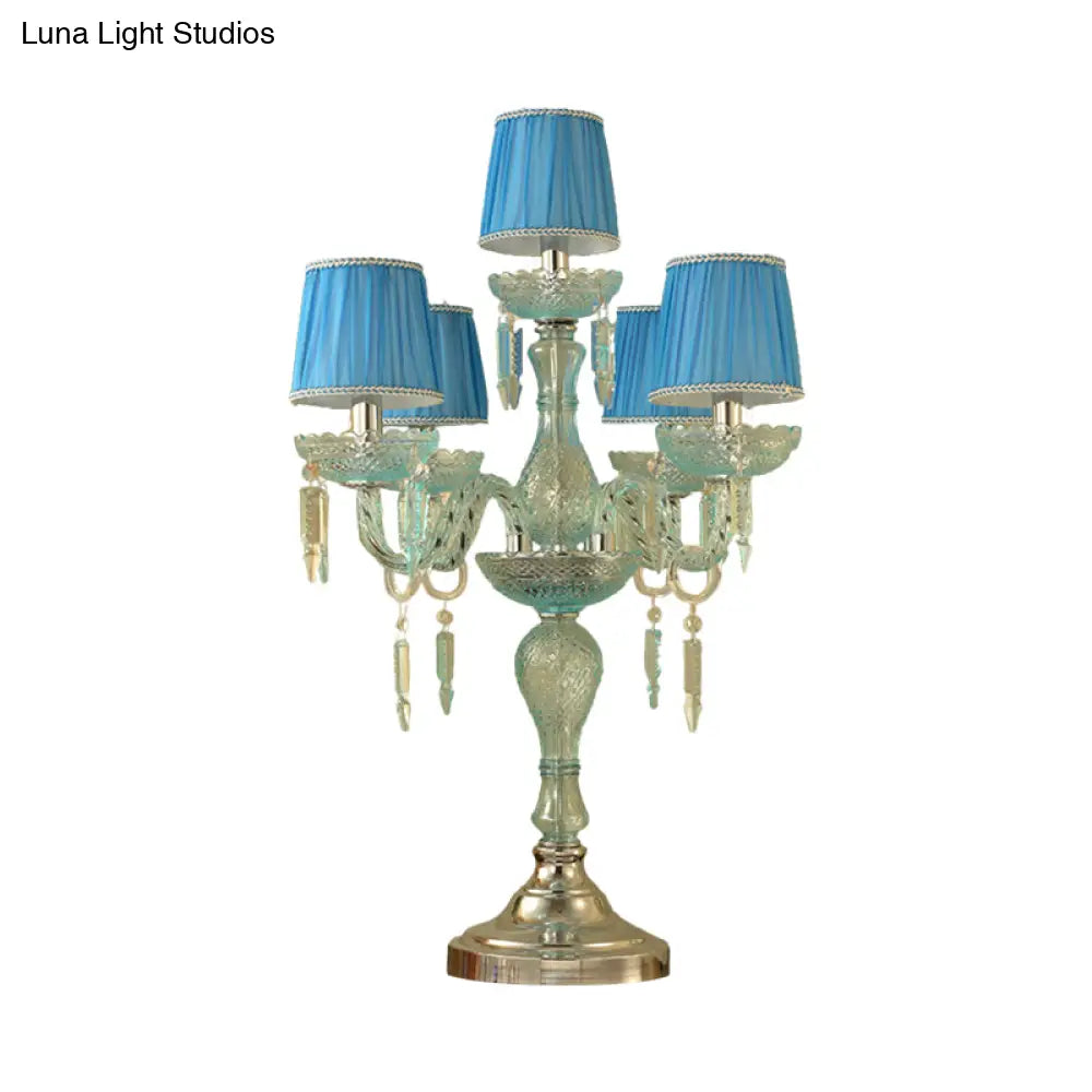 Traditional Crystal Blue Nightstand Lamp With Fabric Shade - Sleep In Style 5/6/7 Bulb Candlestick