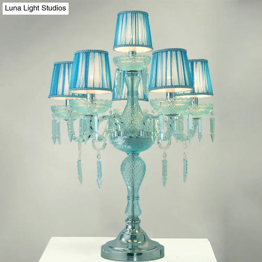 Traditional Crystal Blue Nightstand Lamp With Fabric Shade - Sleep In Style 5/6/7 Bulb Candlestick