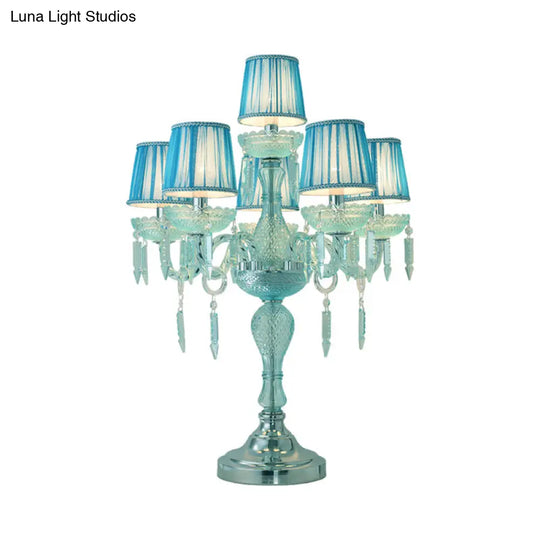 Traditional Crystal Blue Nightstand Lamp With Fabric Shade - Sleep In Style 5/6/7 Bulb Candlestick
