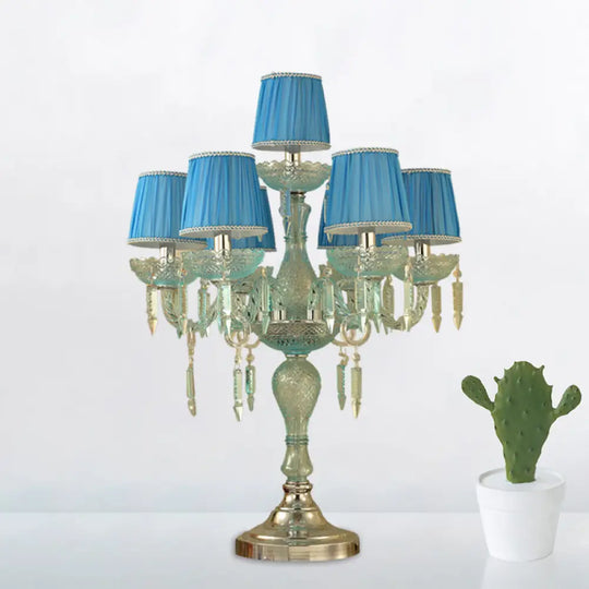 Traditional Crystal Blue Nightstand Lamp With Fabric Shade - Sleep In Style 5/6/7 Bulb Candlestick