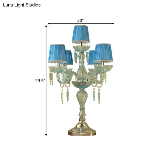 Traditional Crystal Blue Nightstand Lamp With Fabric Shade - Sleep In Style 5/6/7 Bulb Candlestick