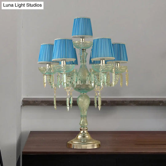 Traditional Crystal Blue Nightstand Lamp With Fabric Shade - Sleep In Style 5/6/7 Bulb Candlestick