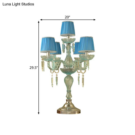 Traditional Crystal Blue Nightstand Lamp With Fabric Shade - Sleep In Style 5/6/7 Bulb Candlestick