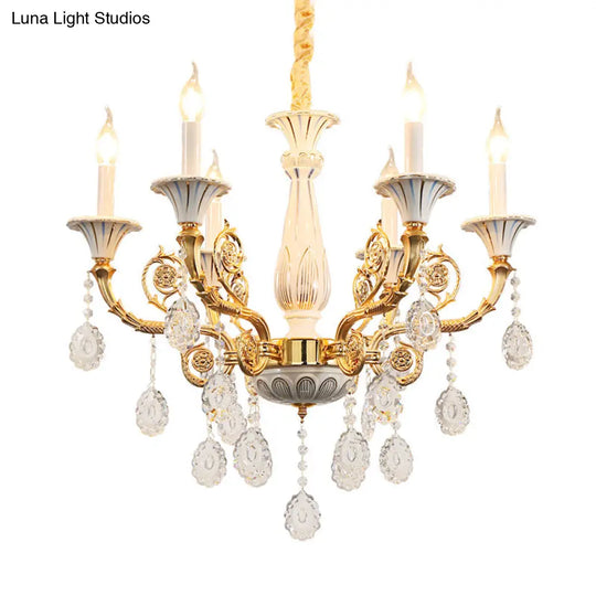 Traditional Crystal Chandelier - Elegant Gold Candle Lamp With 6 Heads For Bedroom Ceiling Ceramic