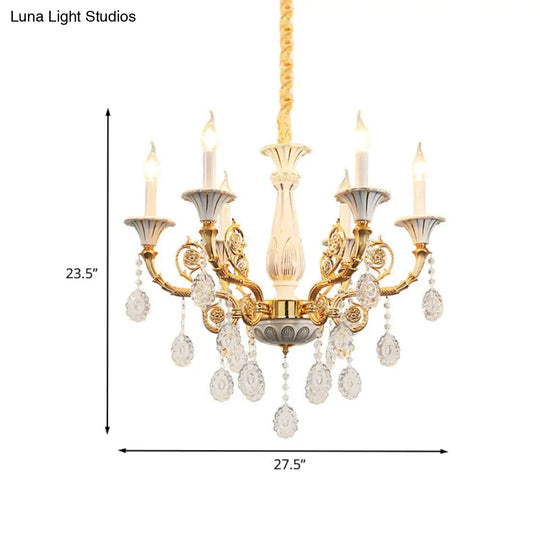 Traditional Crystal Chandelier - Elegant Gold Candle Lamp With 6 Heads For Bedroom Ceiling Ceramic