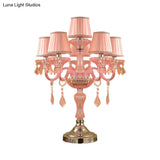 Traditional Crystal Spears Nightstand Lamp - Pink Candle Table Light With Pleated Fabric Shade And