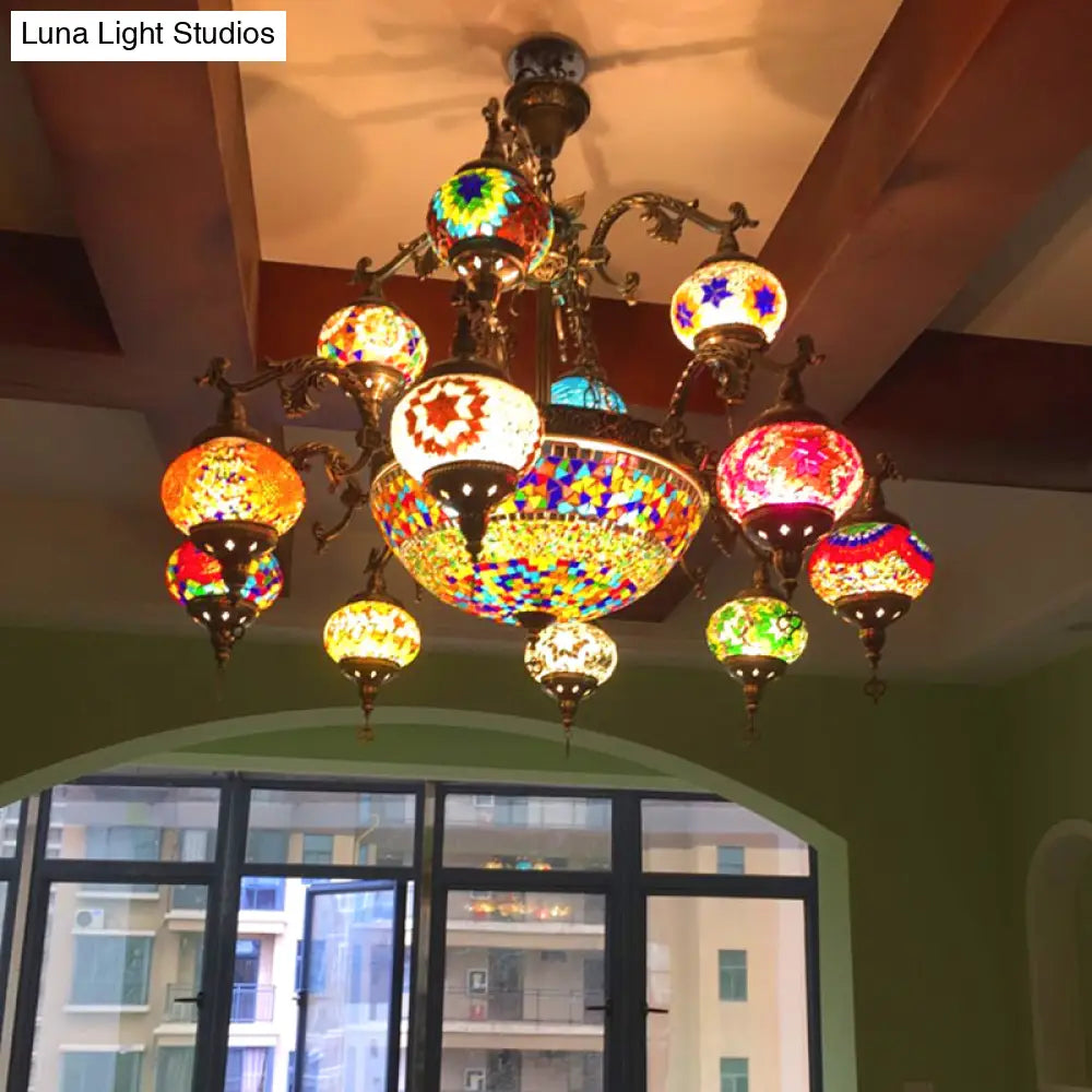 Traditional Curved Arm Metal Chandelier With Colorful Glass Shades - Bronze Finish (15 Heads)