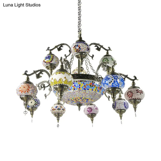 Traditional Curved Arm Metal Chandelier With Colorful Glass Shades - Bronze Finish (15 Heads)