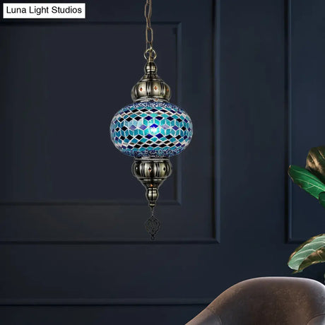 Traditional Cut Glass Oval Pendant Light- Beige/Yellow/Blue- Dining Room Fixture