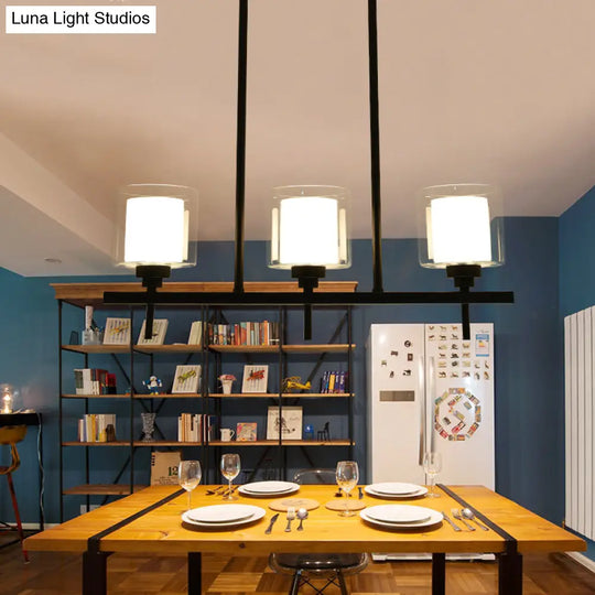 Traditional Cylinder Island Dining Room Lamp With White Glass Shades - 3/4 Hanging Lights