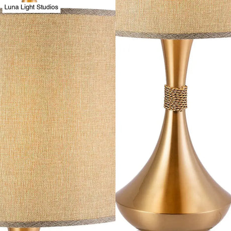 Traditional Fabric Cylinder Study Lamp: White/Beige Reading Light With Metal Base